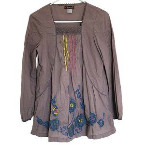 XCVI Blouse Womens S Bohemian Top Gray Peasant Boho Hippie Tunic Embroidered